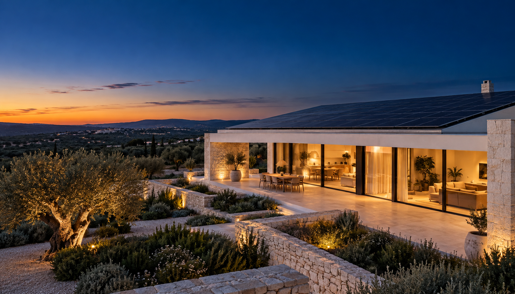 Visione illustrativa di una casa contemporanea con pannelli fotovoltaici, immersa nel paesaggio mediterraneo